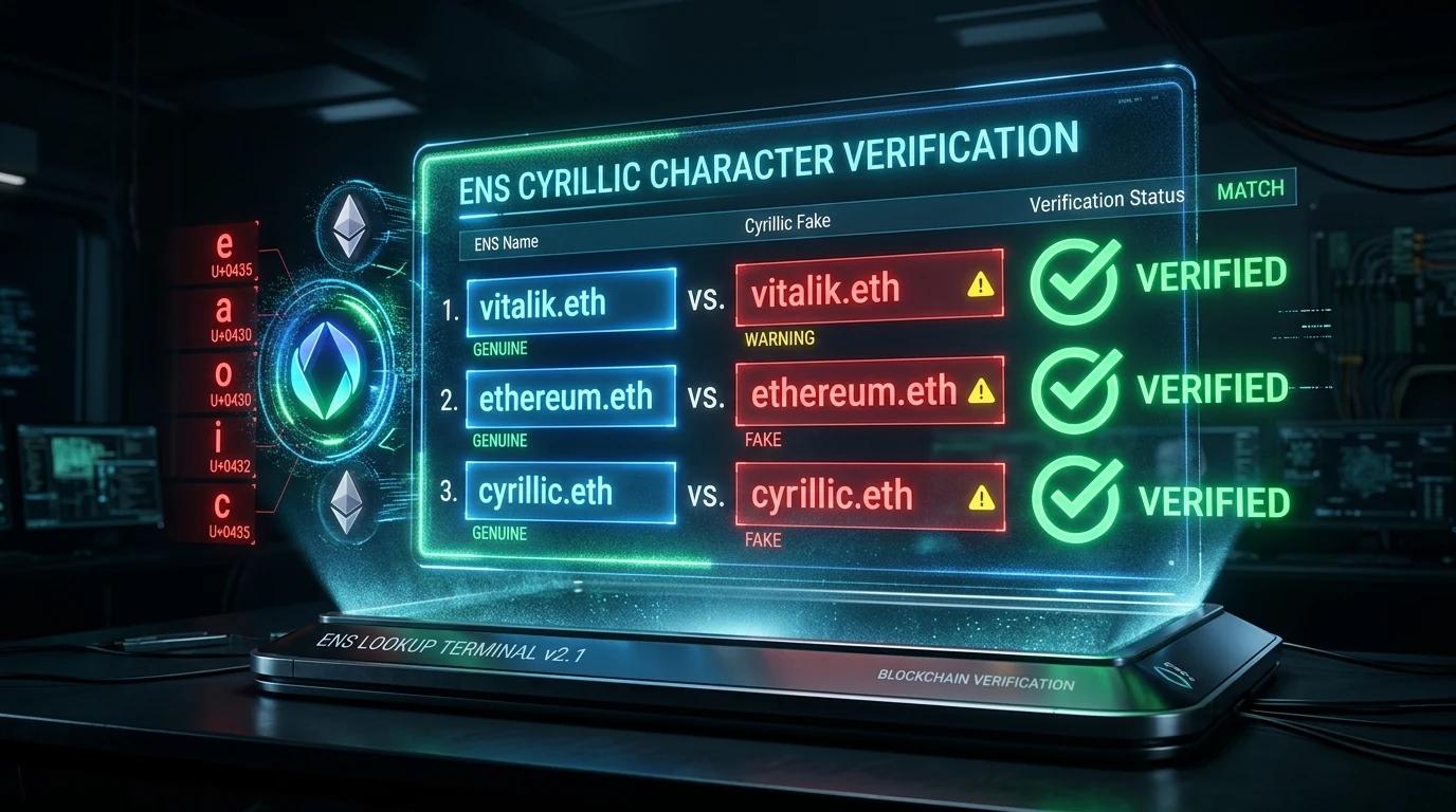 Holographic Ethereum Name Service lookup terminal comparing fake Cyrillic Unicode characters
