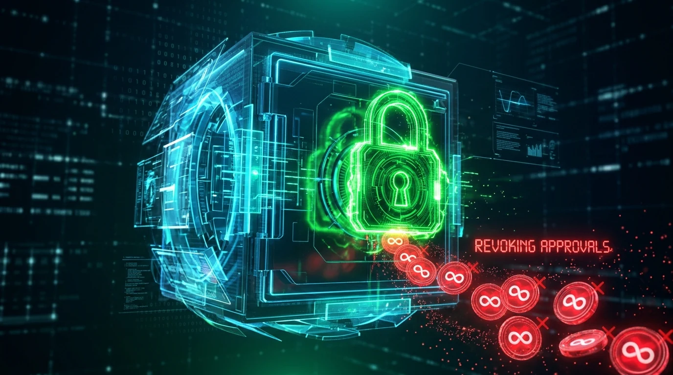 Cryptographic digital vault revoking infinite token approval permissions with green security lock