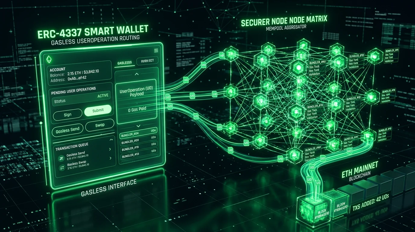 ERC-4337 smart contract wallet interface routing gasless UserOperations through a bundler node matrix