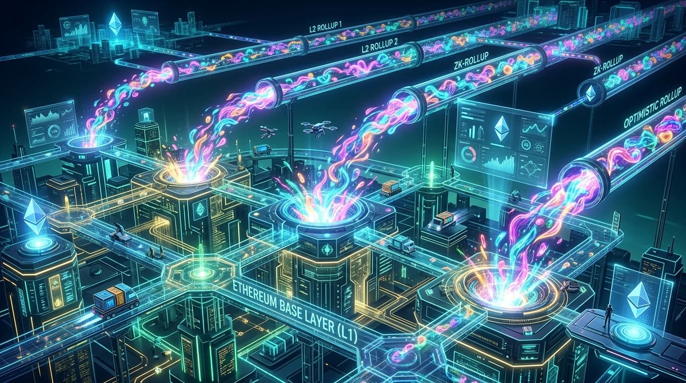 Glowing Ethereum blockchain base layer receiving colorful neon data blobs from Layer-2 pipelines