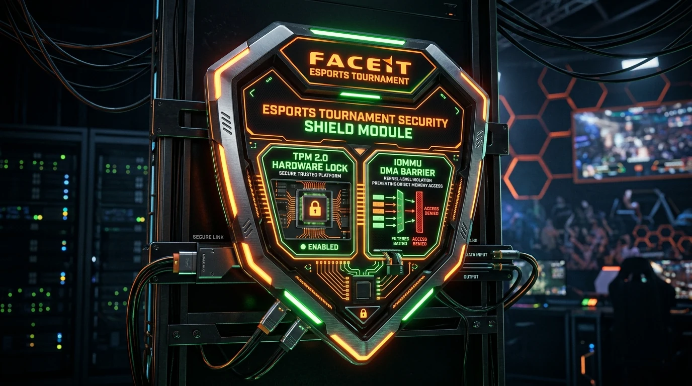FACEIT esports tournament security shield with TPM 2.0 locks and IOMMU DMA barriers