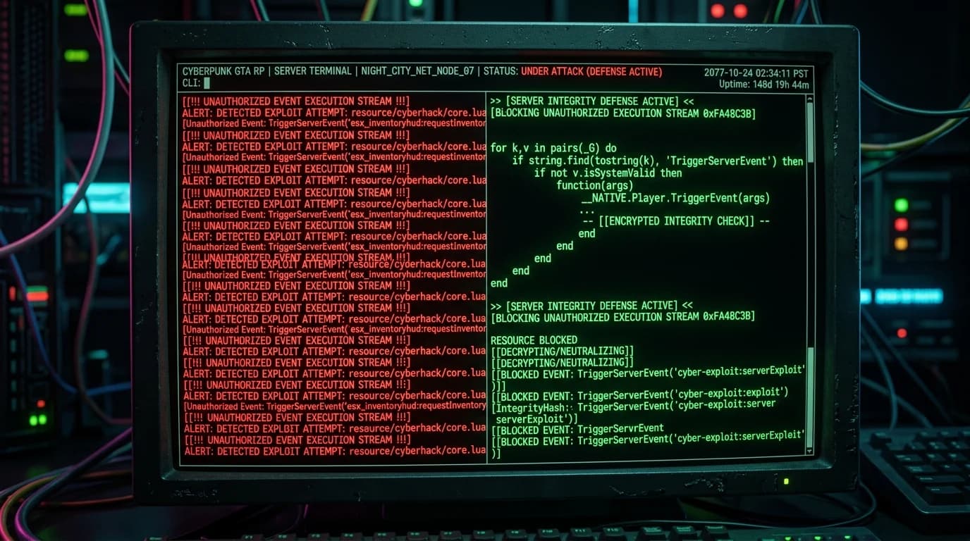 Cyberpunk GTA RP server terminal with green Lua script code blocking unauthorized events