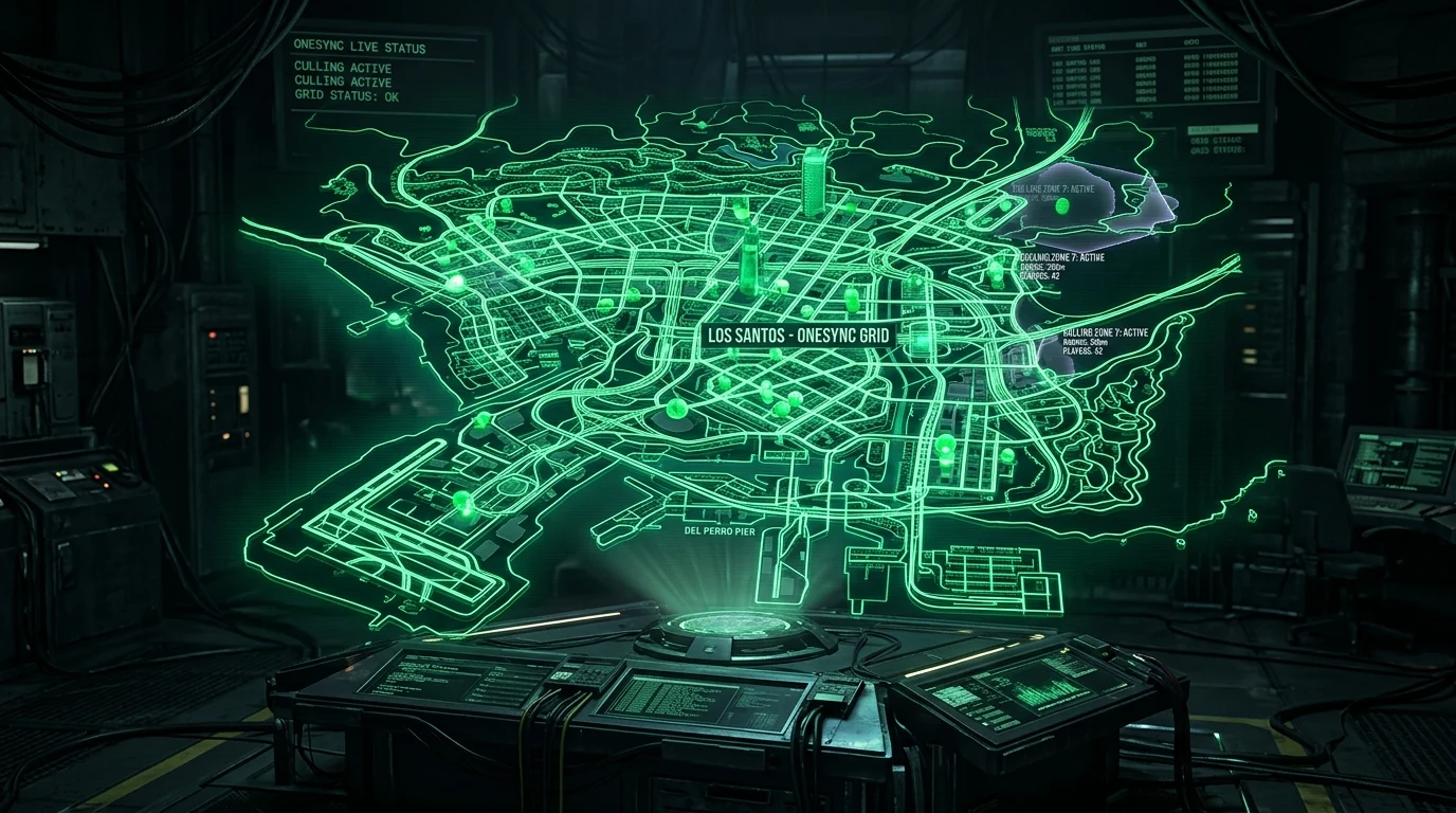 Futuristic 3D holographic Los Santos city grid showing glowing player spheres and culling bubbles