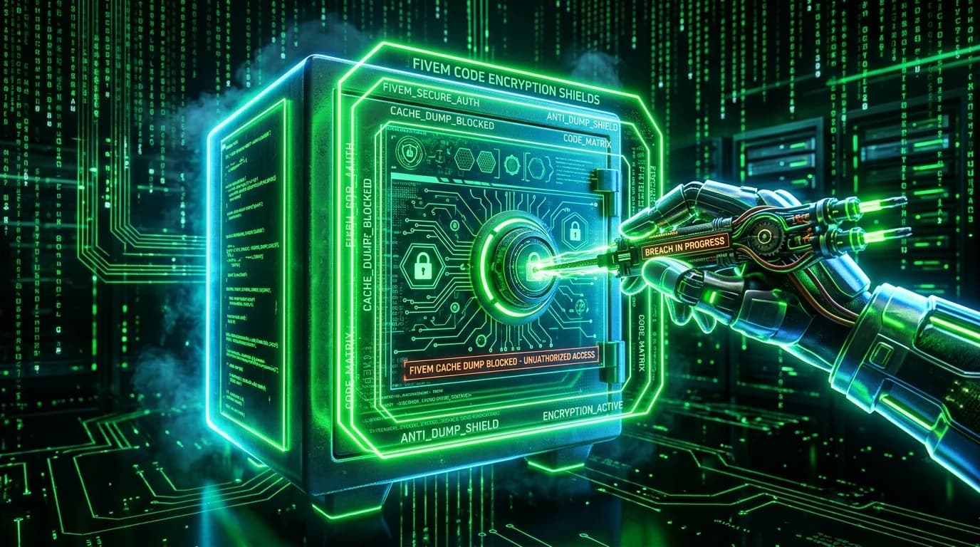 Glowing digital safe being scanned by cybernetic lockpick with green FiveM encryption shields