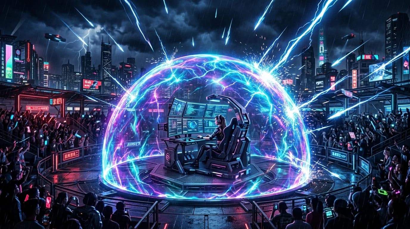 Cyberpunk battle arena with an energy shield dome protecting a gaming rig from incoming data attacks