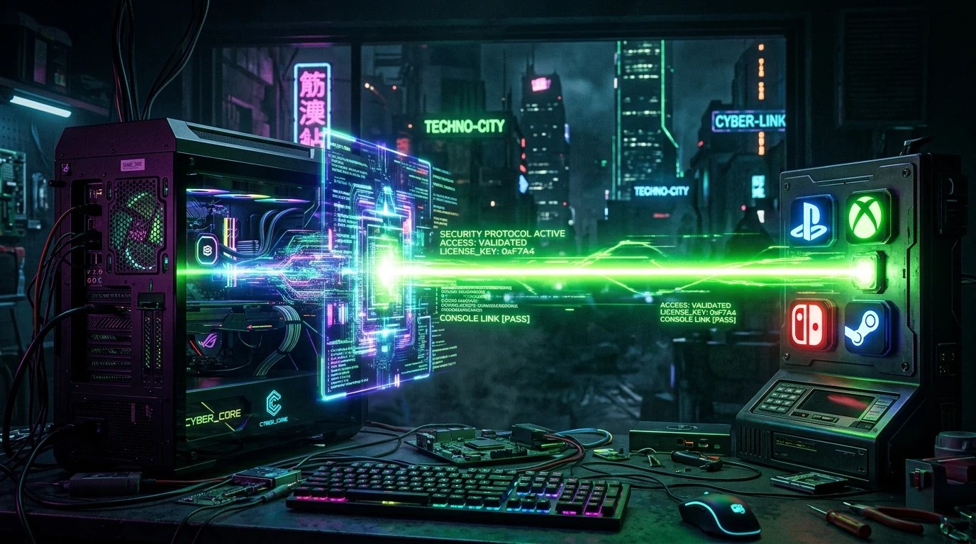 Holographic gateway connecting a PC tower to console badges with neon green security beam