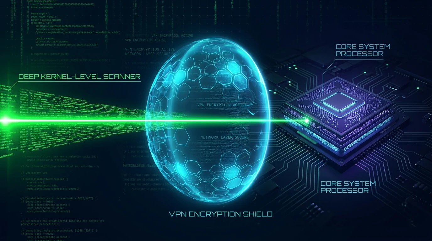 Cybernetic shield bypassed by a deep kernel scanner laser beam directly to a computer processor