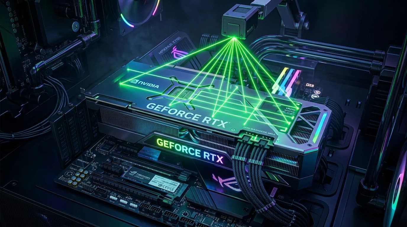 High-end Nvidia graphics card seated on PCIe slot scanned by neon green UUID diagnostic lasers