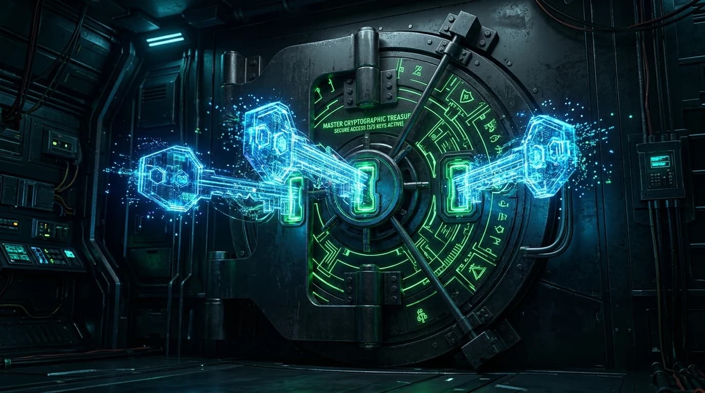 Three holographic hardware keys unlocking a master green cryptographic treasury vault