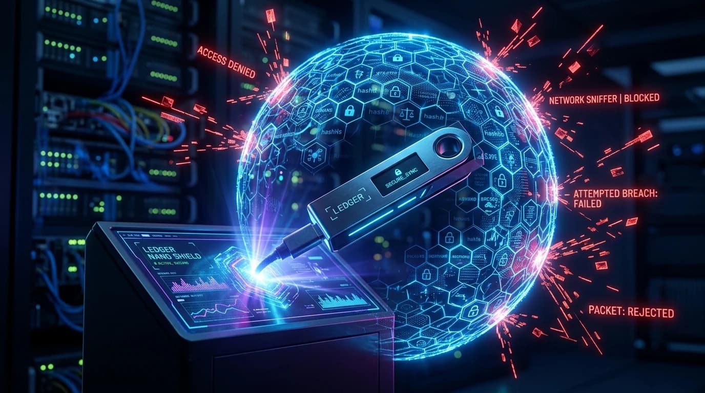 Sleek cybernetic USB hardware wallet radiating an impenetrable cryptographic shield