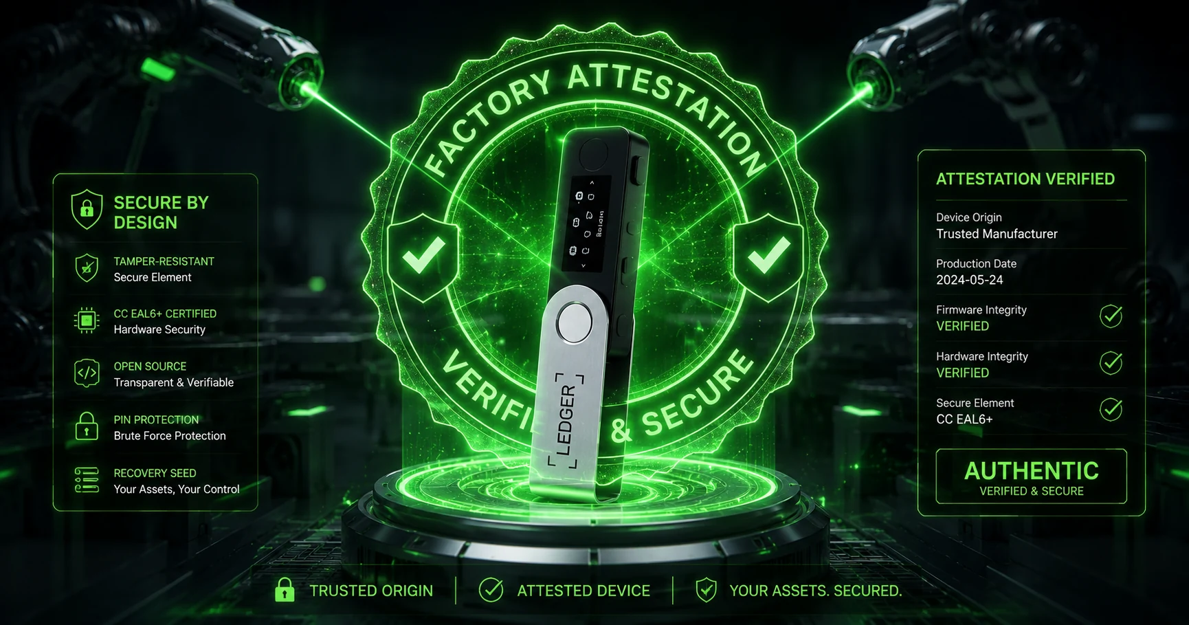 Sleek hardware wallet encased in a glowing neon green factory attestation seal with laser beams
