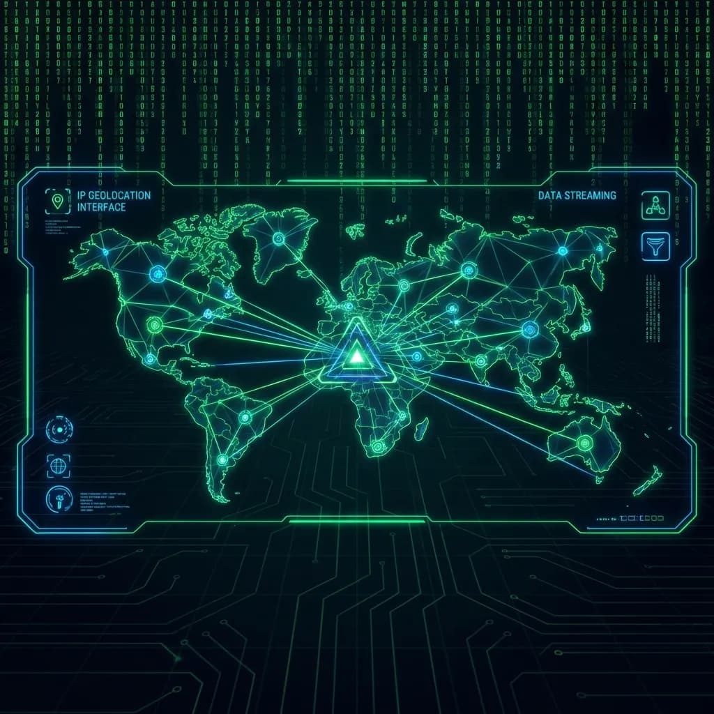 Digital world map with triangulation lines focusing on a location