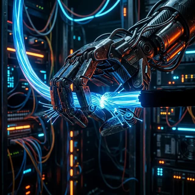 Macro shot of a high-speed fiber optic cable being choked and squeezed by a mechanical robotic hand