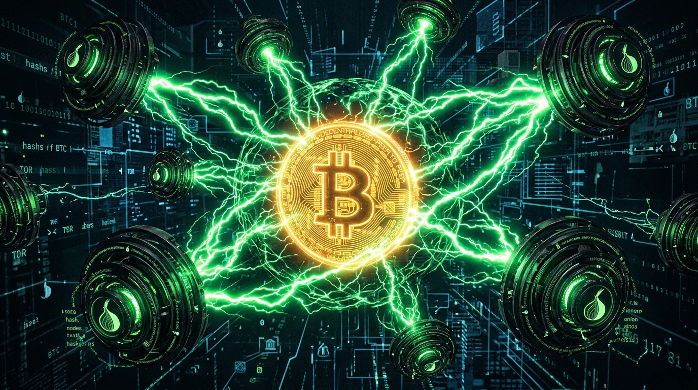 Glowing 3D Bitcoin core surrounded by rapid green lightning conduits connecting to Tor onion relays