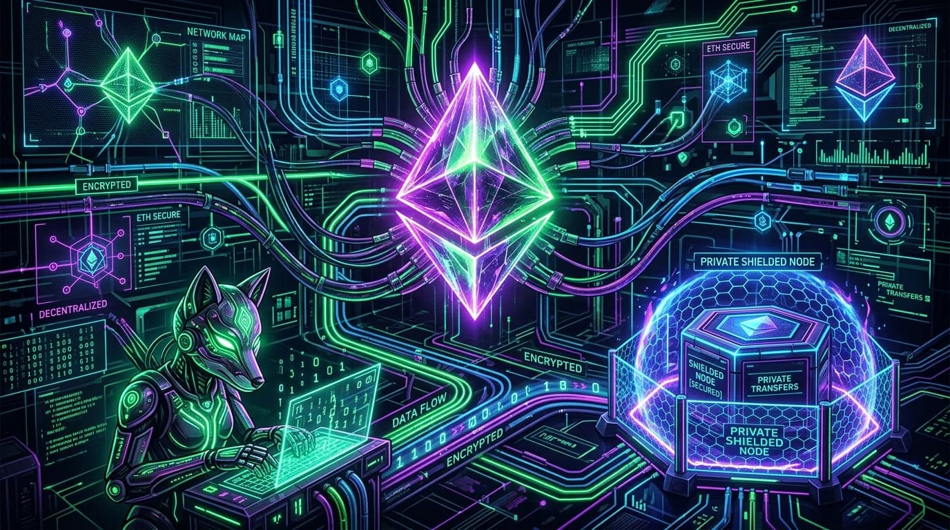 Glowing 3D Ethereum crystal surrounded by encrypted conduits and a cybernetic fox mask routing data
