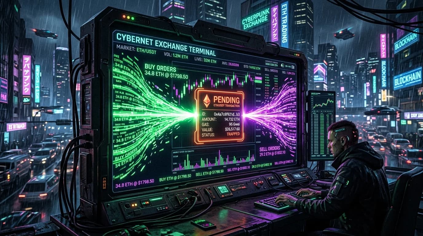 Cyberpunk crypto market exchange terminal showing high-speed trading laser beams sandwiching a swap