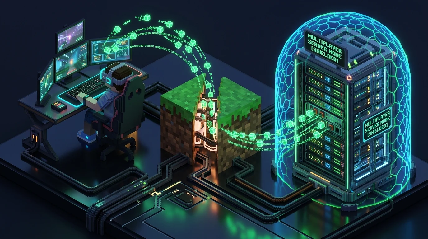 Isometric voxel cyberpunk terminal routing data packets between gamer avatar and shielded server