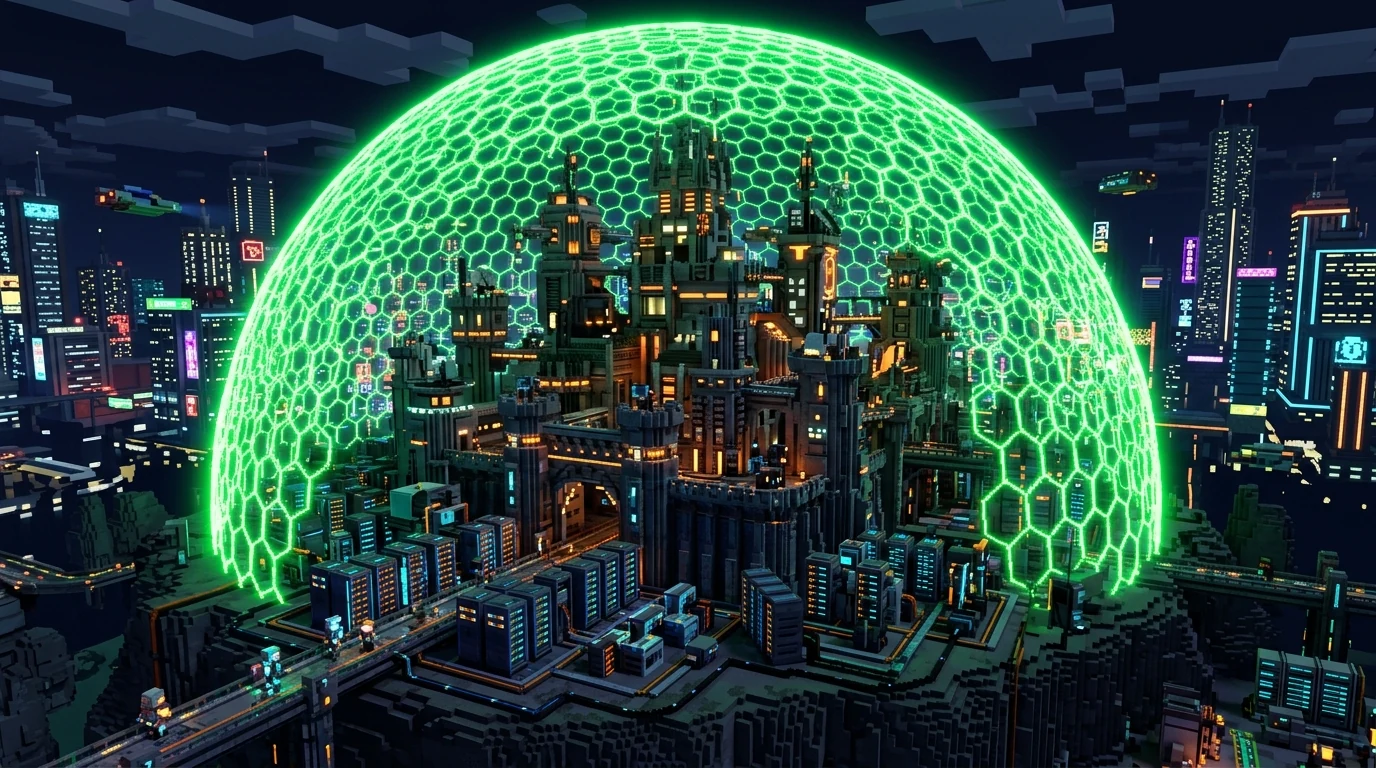 Cyberpunk blocky Minecraft voxel castle protected by a giant glowing hexagonal firewall shield
