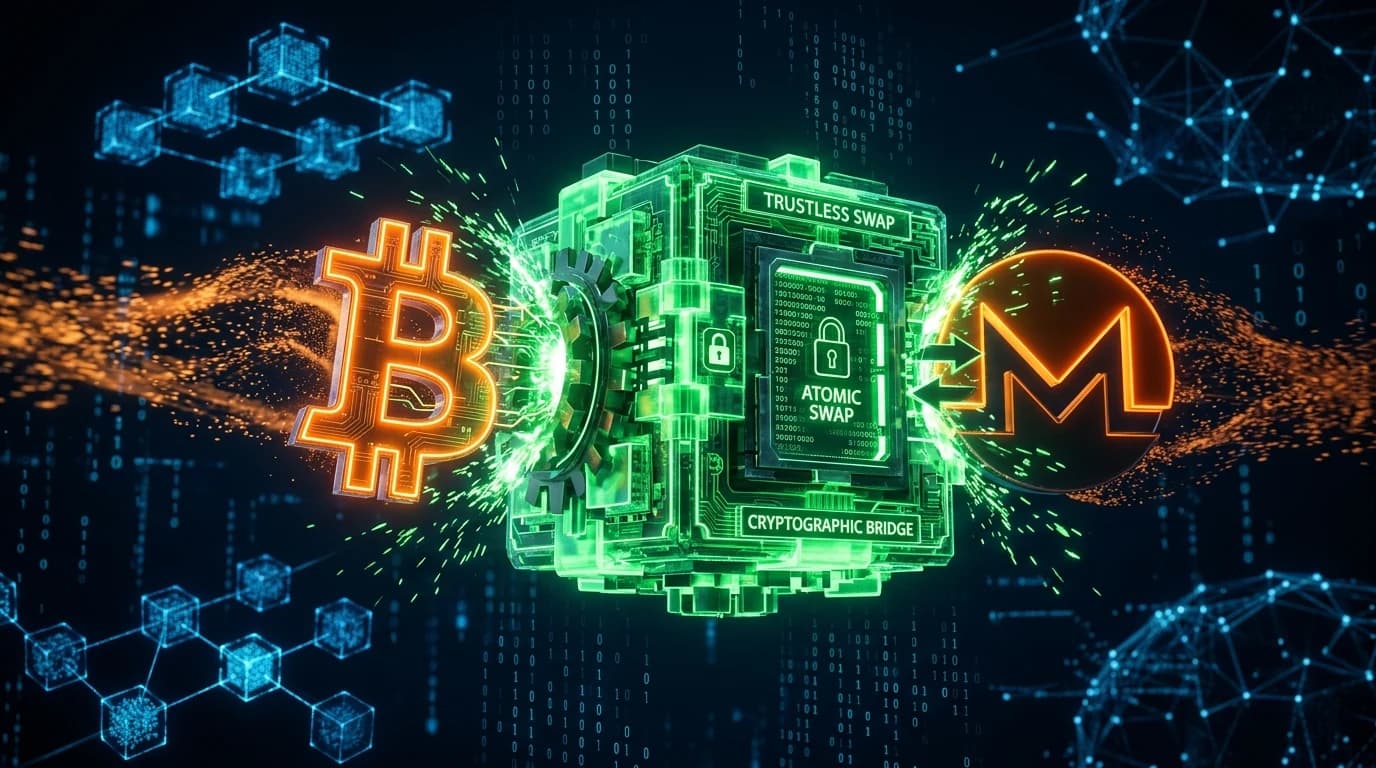 Two glowing cryptocurrency symbols of Bitcoin and Monero locking into a green atomic swap bridge