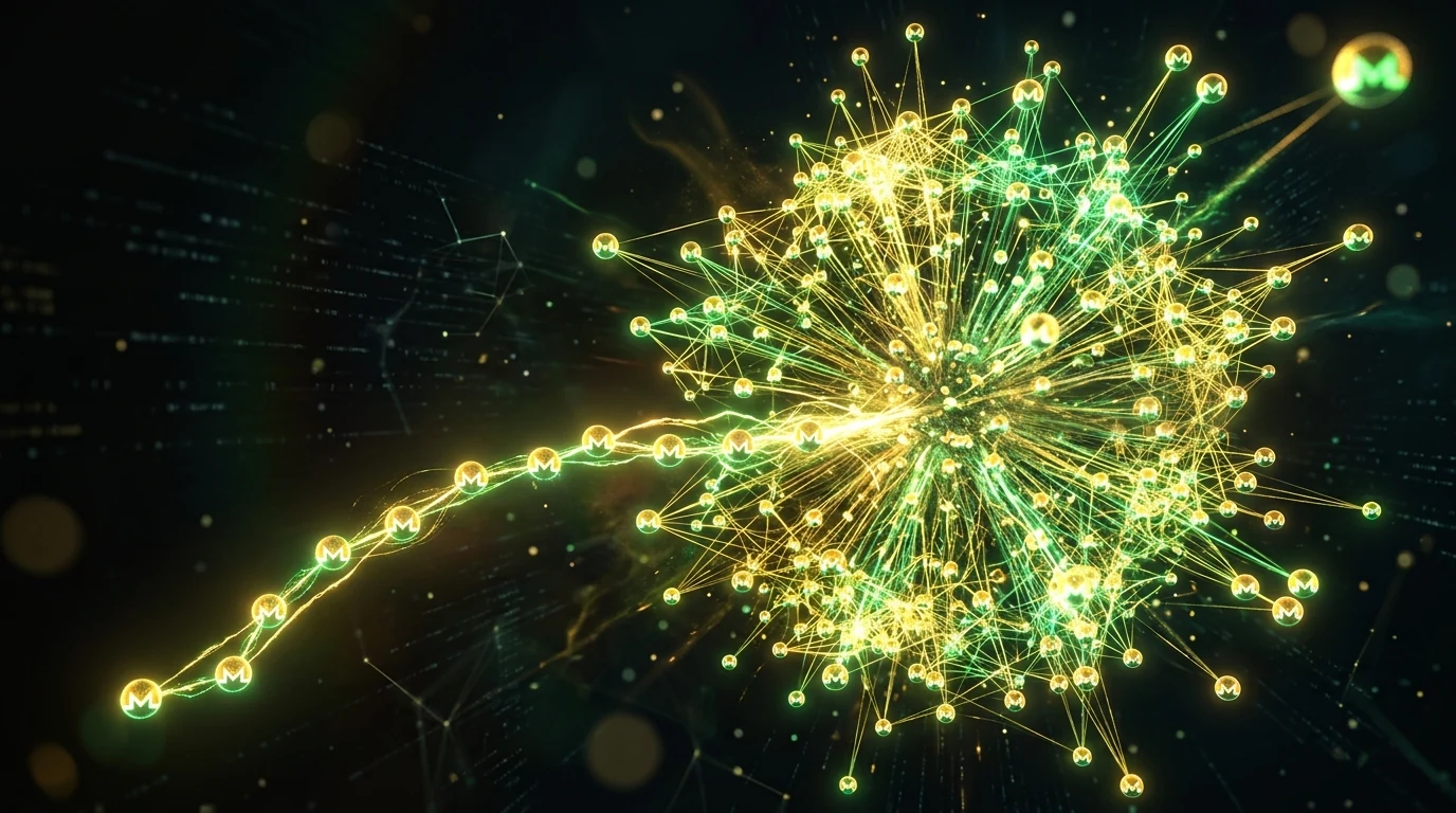 Monero Dandelion++ network mesh showing linear stem hops transitioning into a broadcast fluff phase