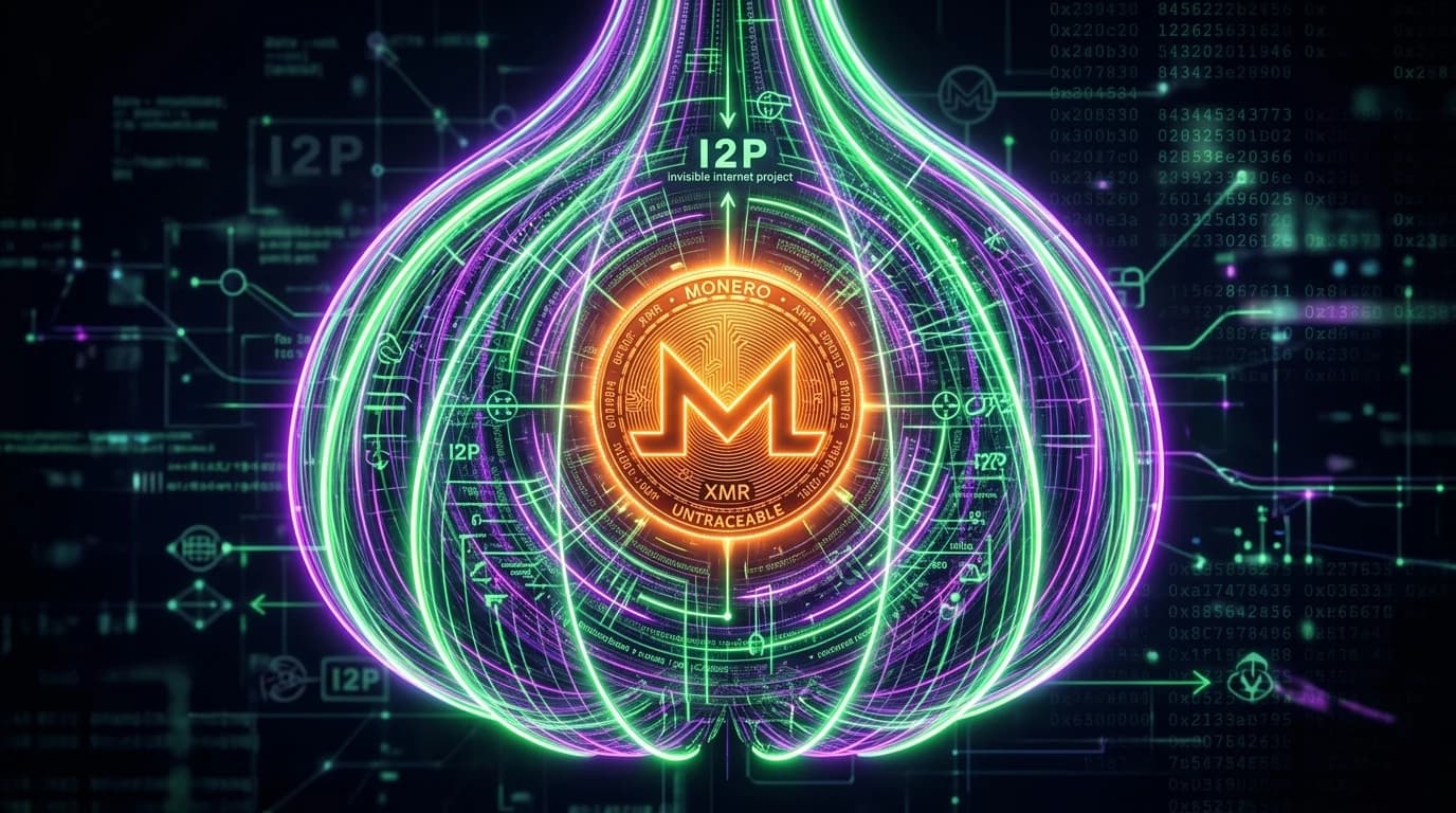 Glowing orange Monero coin enclosed in a multi-layered neon green and purple I2P garlic encryption shield