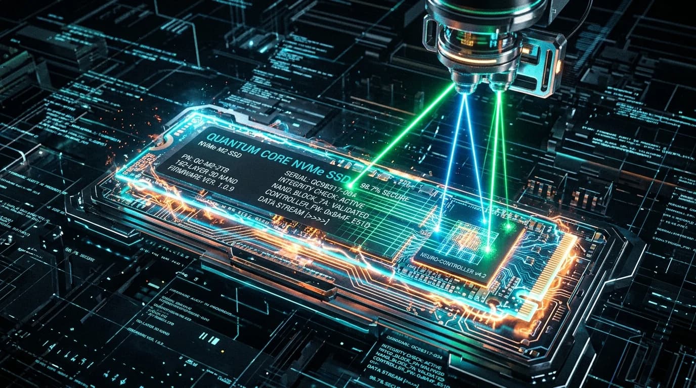 Glowing NVMe M.2 SSD with laser scanners auditing internal NAND flash controller serial firmware