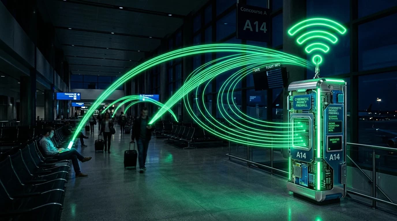 Dark airport terminal concourse with glowing neon green Wi-Fi waves connecting to privacy scanner