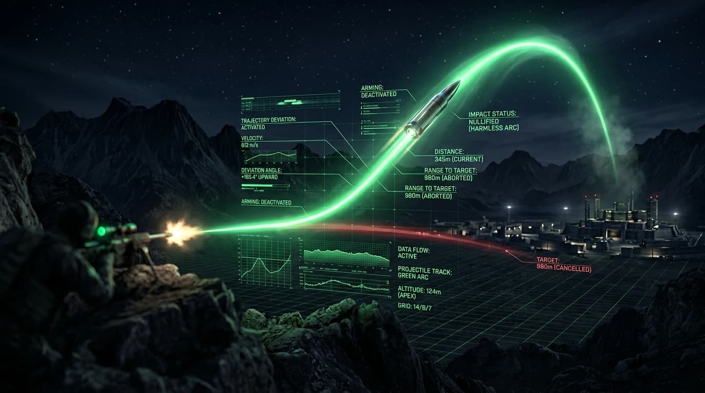 Tactical sniper bullet trajectory abruptly curving into a harmless arc with green telemetry data