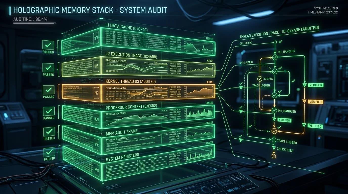 Holographic memory stack layers with verification checkmarks auditing thread execution traces