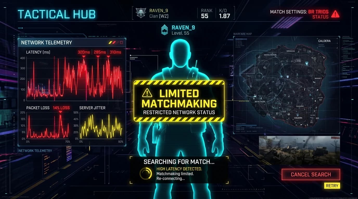 Dark tactical Warzone matchmaking screen displaying a yellow Limited Matchmaking warning tag
