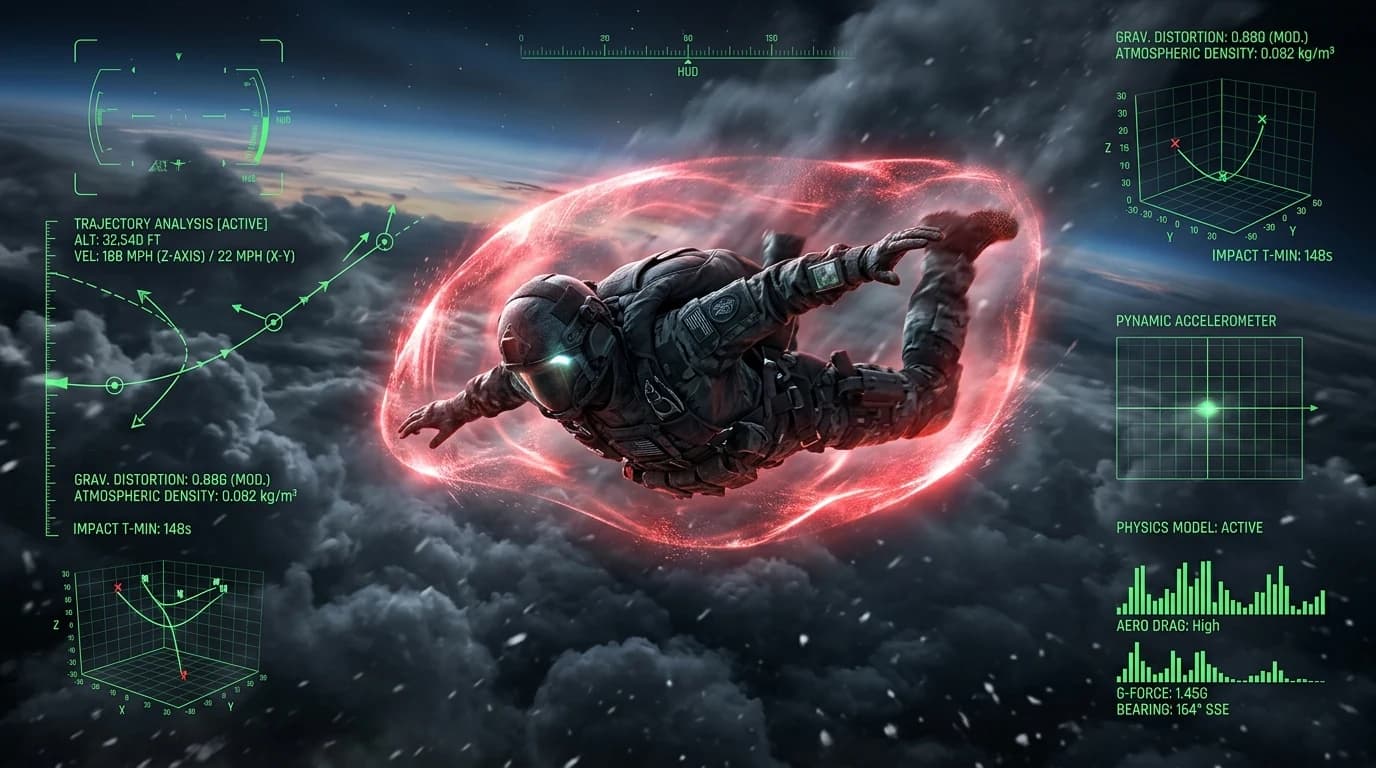 High-altitude tactical skydiver encased in red gravity distortion field with green telemetry sensors