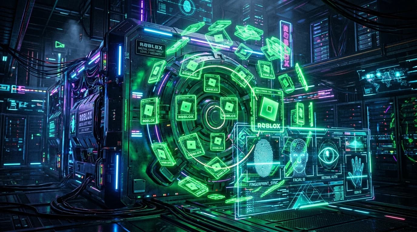 Glowing cyberpunk digital vault with green Roblox security tokens protected by biometric firewall