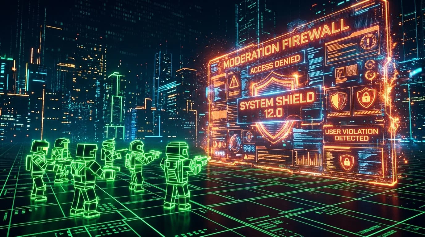 Dark cyberpunk grid with stylized glowing blocky player avatars facing a towering moderation firewall shield