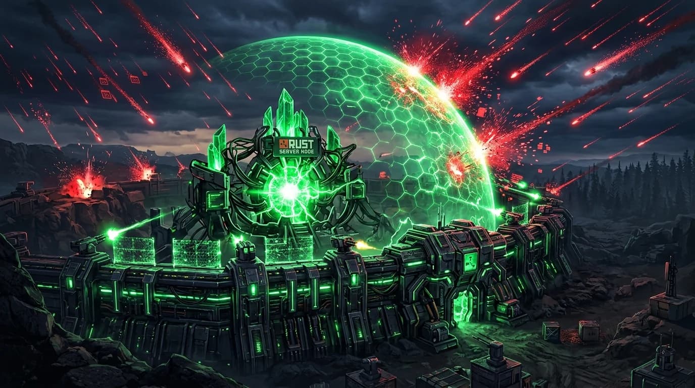 Massive cybernetic fortress wall shielding a green Rust game server node from red DDoS artillery