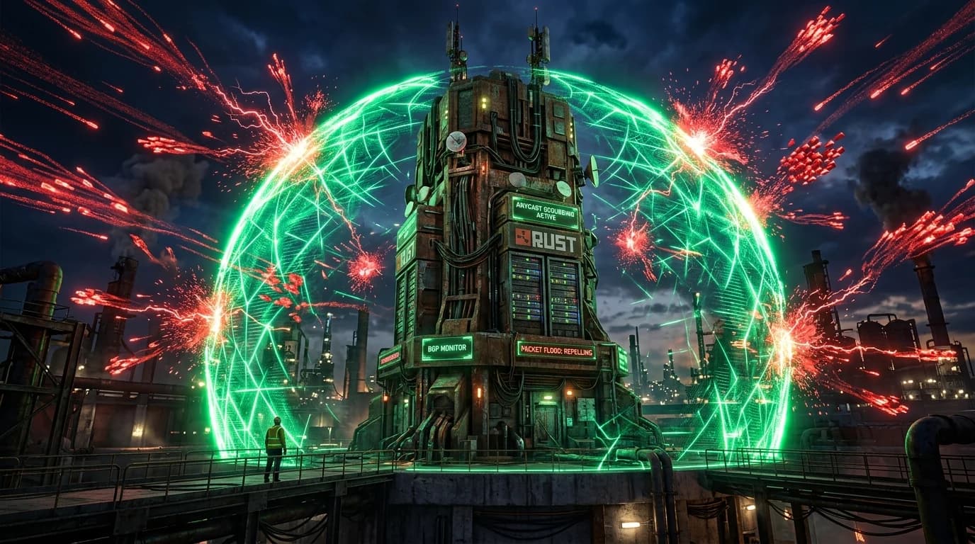 Industrial Rust server monument surrounded by a glowing Anycast BGP scrubbing forcefield