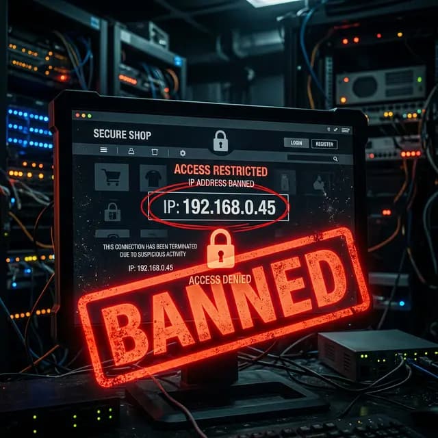 Digital e-commerce dashboard showing an 'ACCESS RESTRICTED IP BANNED' error message