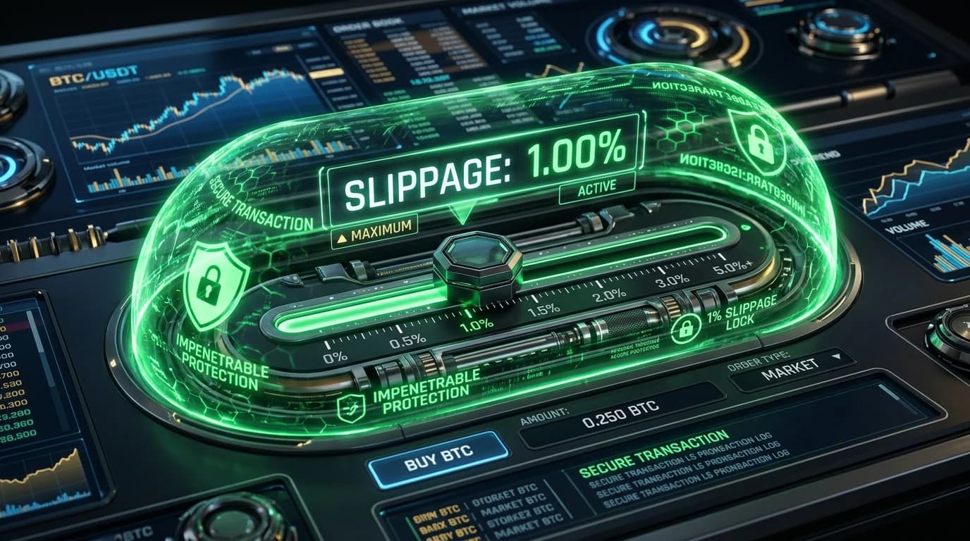 Cryptocurrency trading slider displaying tight 1% slippage with an impenetrable green security shield
