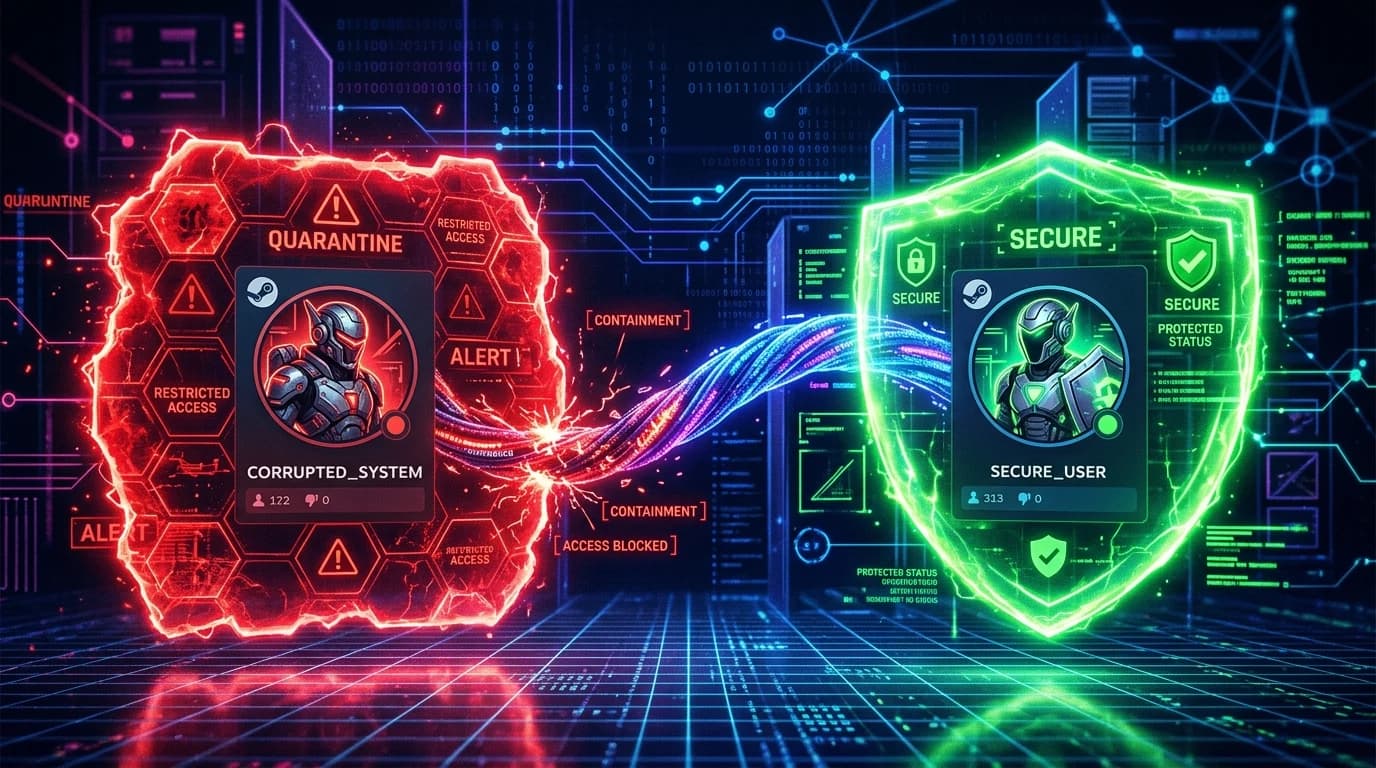 Two digital Steam avatars linked by a data cable with one quarantined behind a security barrier