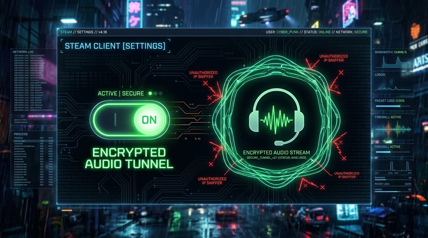Cyberpunk Steam client settings toggle switch illuminating neon green under encrypted conduits