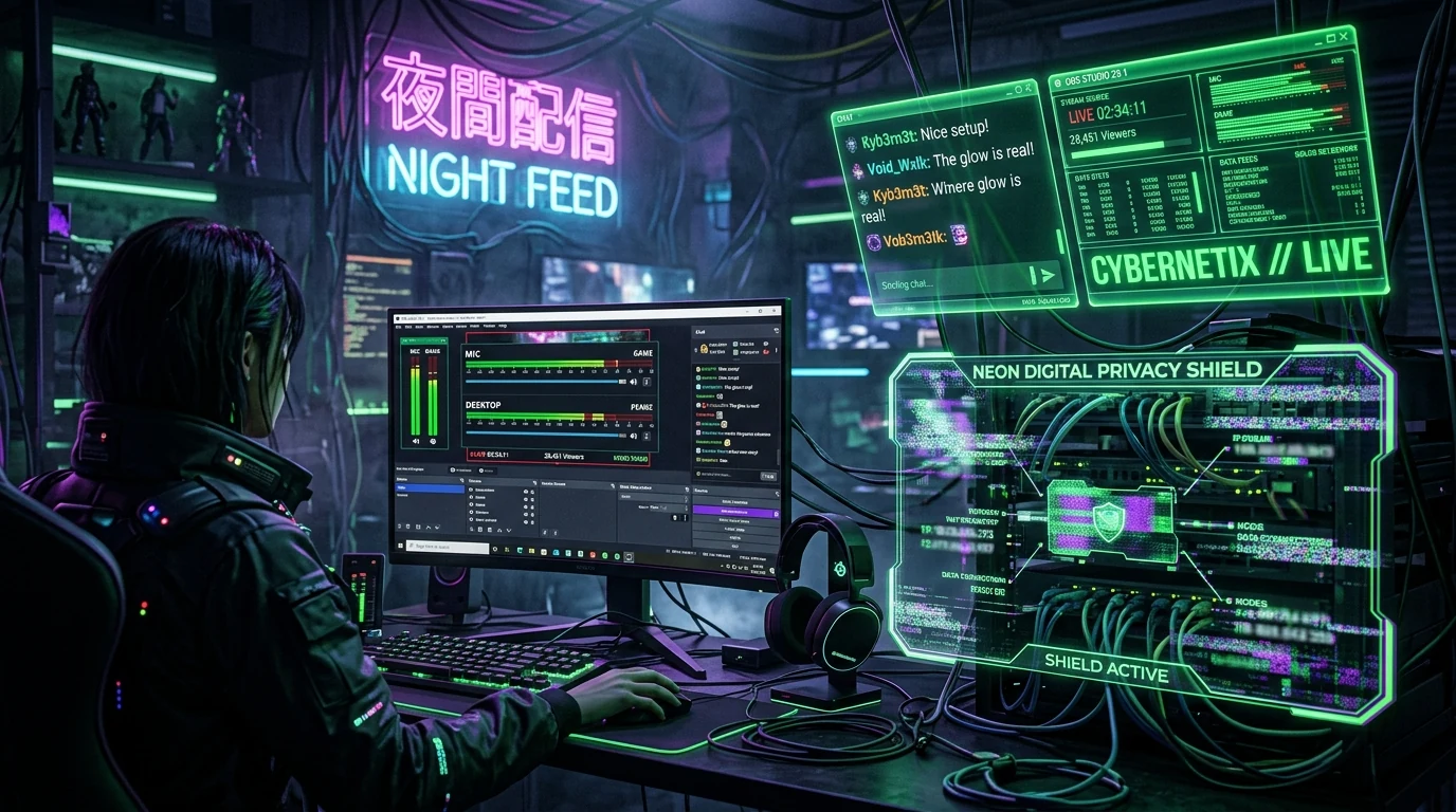 Dark cyberpunk live streaming studio with OBS studio meters and holographic privacy shields