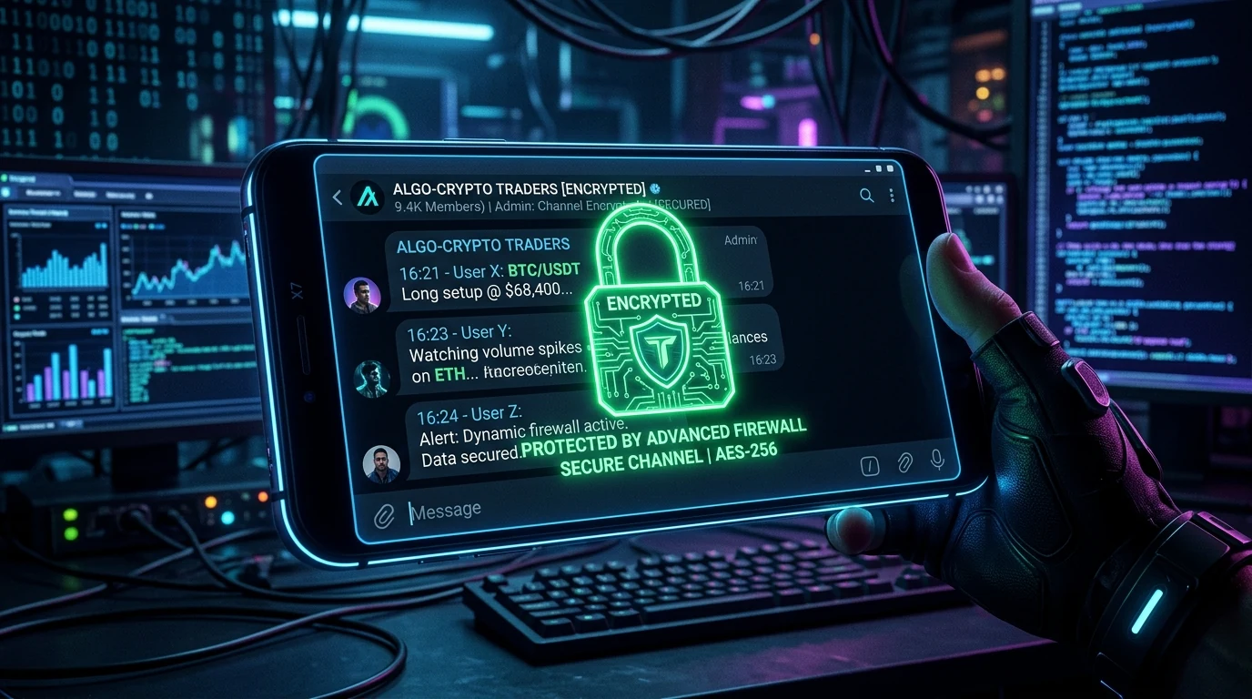 Dark holographic smartphone displaying an encrypted Telegram trading chat protected by green firewall