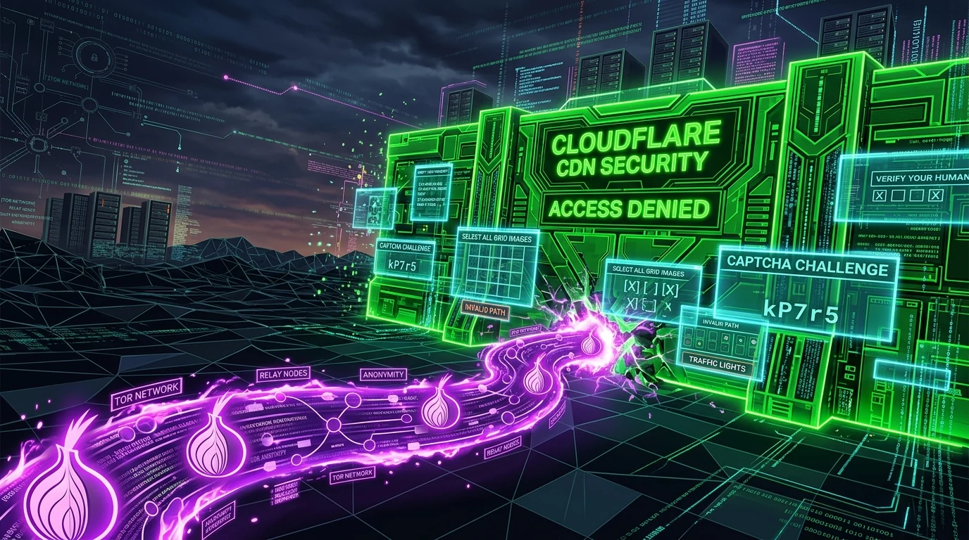 Glowing purple Tor onion routing tunnel confronting a towering Cloudflare CDN firewall