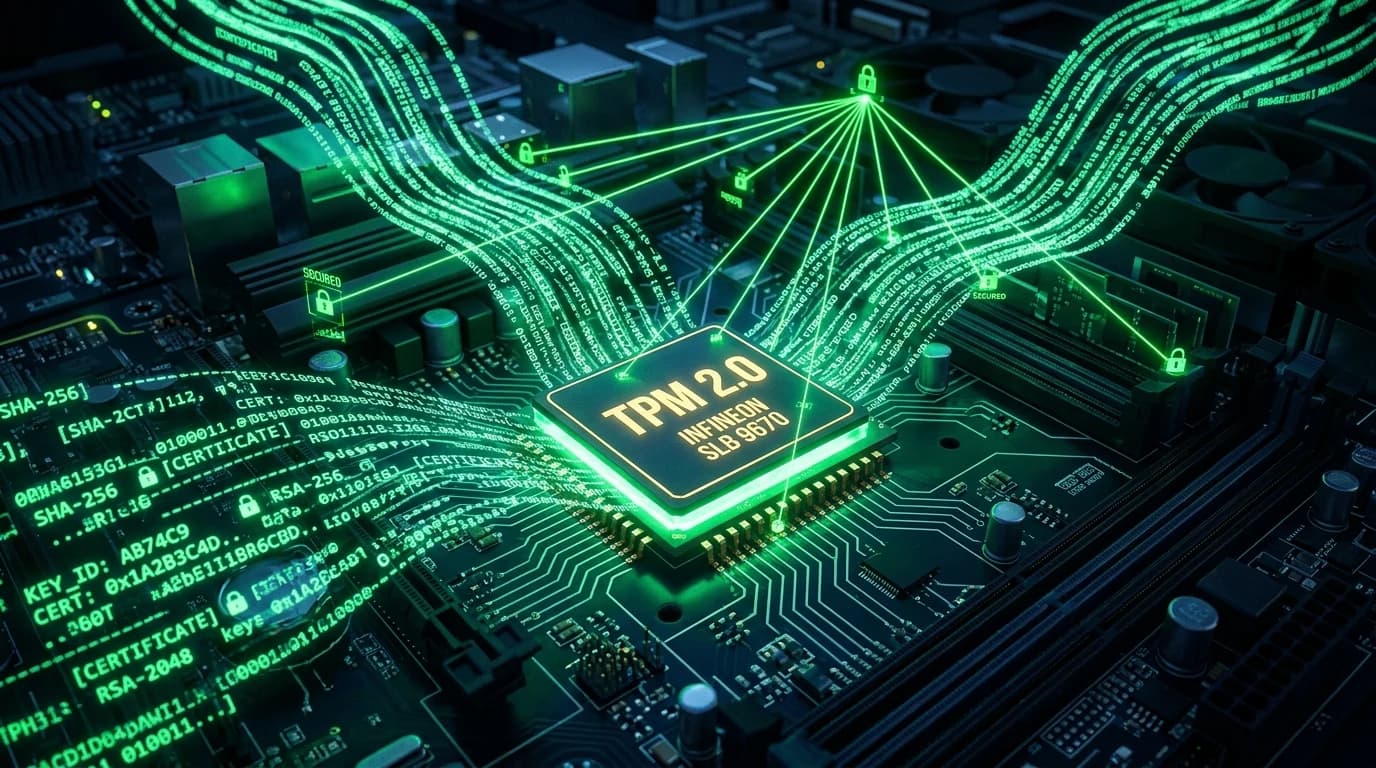 Motherboard TPM 2.0 microchip radiating green cryptographic certificate streams with laser locks
