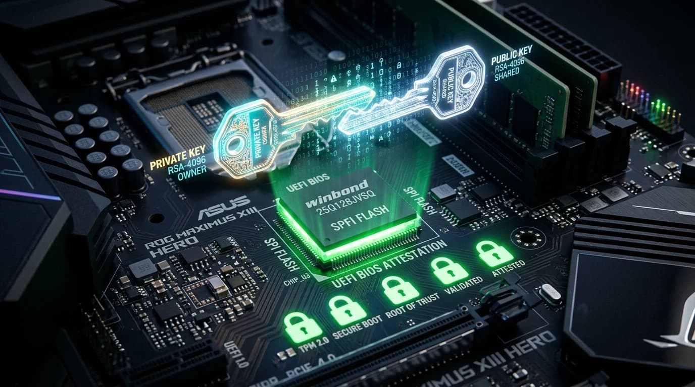 Glowing cryptographic key pair hovering above a UEFI motherboard BIOS chip with green locks