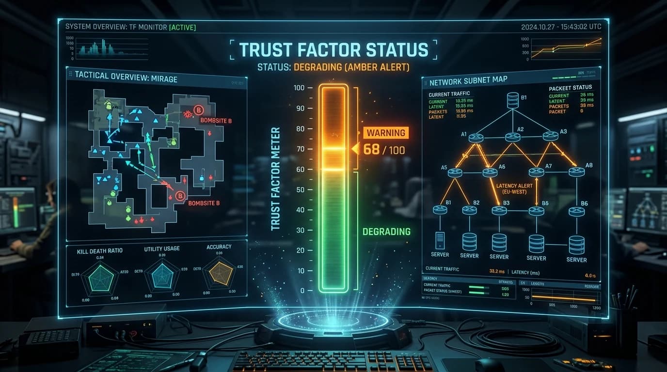 Holographic Trust Factor meter shifting between neon green and amber status surrounded by CS2 radar charts