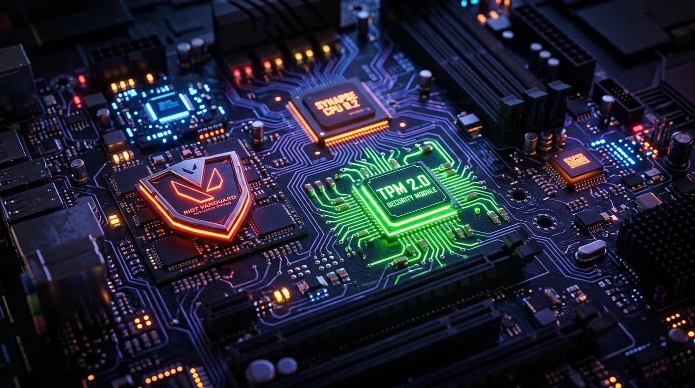 Microscopic cyberpunk motherboard showing hardware chips, TPM security module, and Riot Vanguard shield
