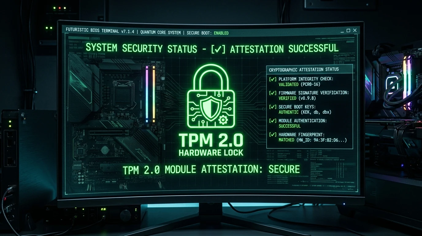 Futuristic motherboard BIOS interface glowing with neon green TPM 2.0 lock badge and checkmarks