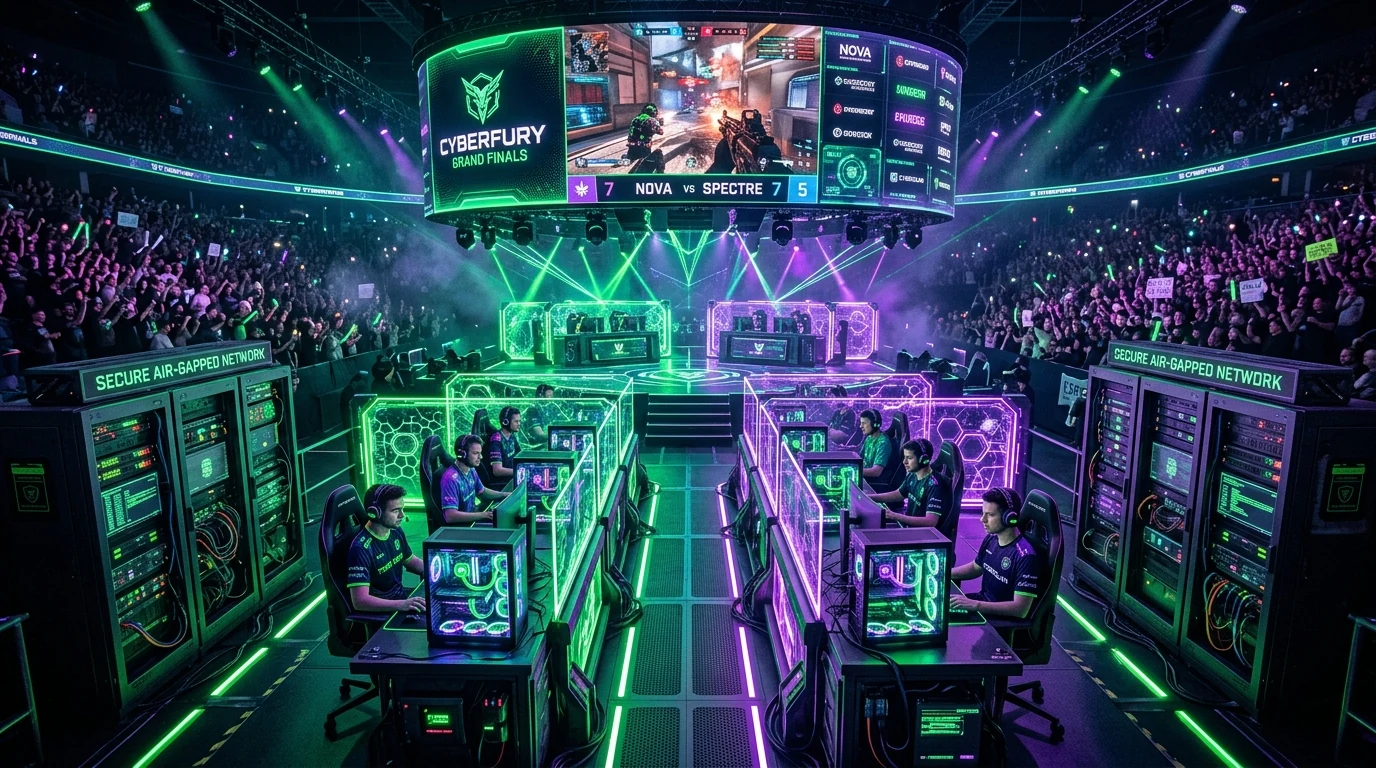 Massive cyberpunk esports tournament stage with air-gapped server racks and network isolation barriers