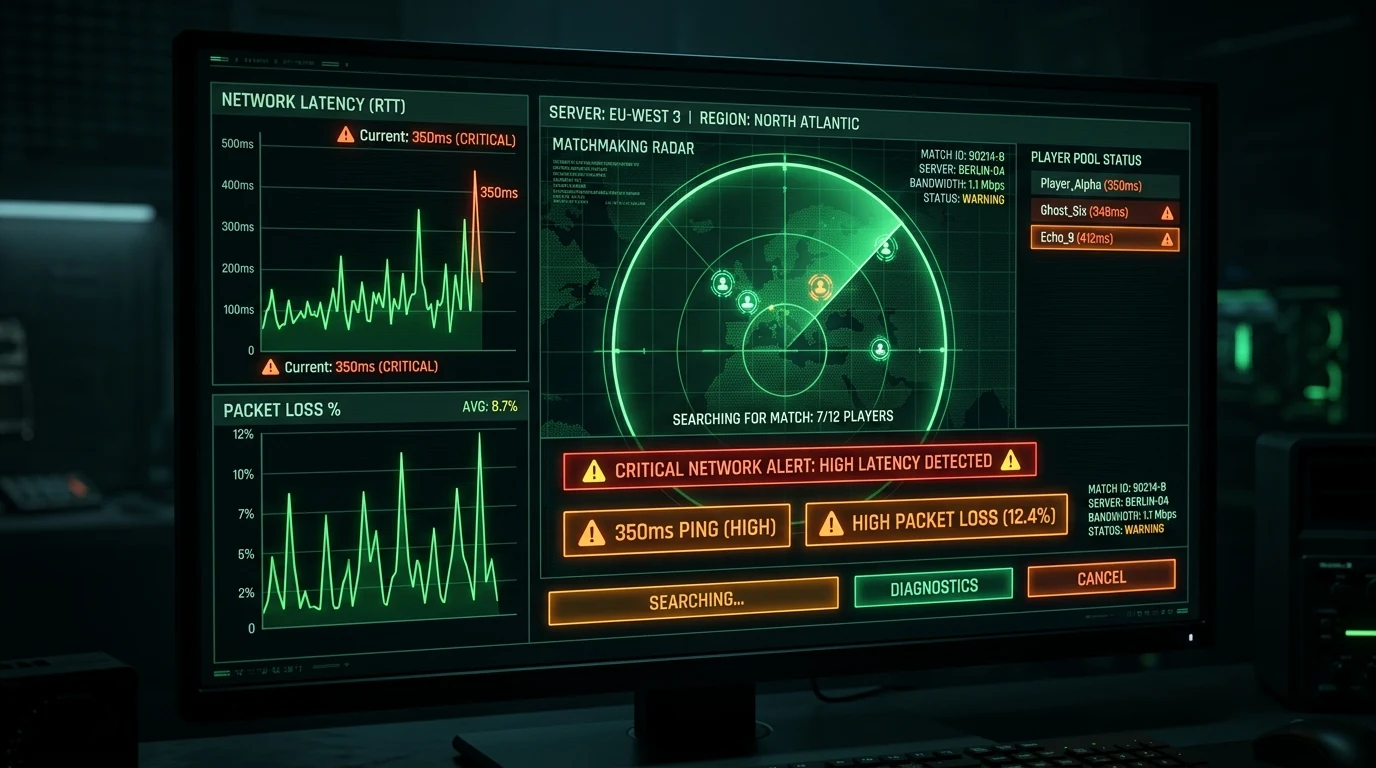 Tactical matchmaking radar screen showing high-latency 350ms ping warning badges and diagnostic graphs